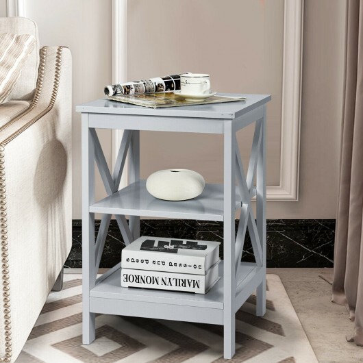 3-Tier Nightstand End Table with X Design Storage -Gray - Color: Gray - Image 2