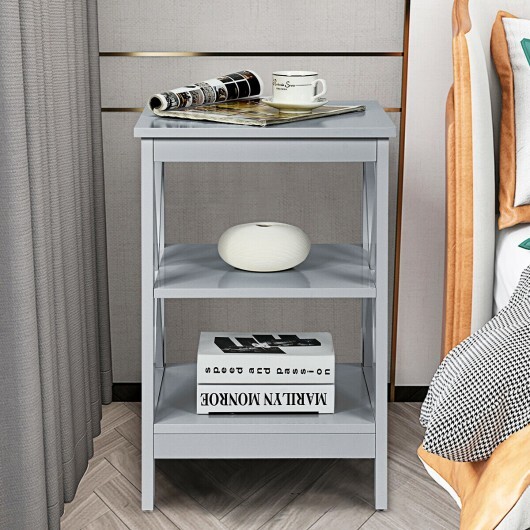 3-Tier Nightstand End Table with X Design Storage -Gray - Color: Gray - Image 3