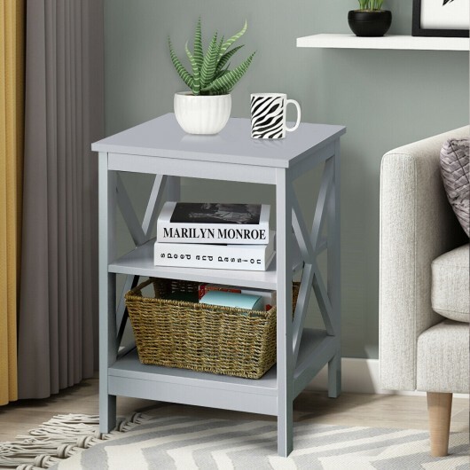 3-Tier Nightstand End Table with X Design Storage -Gray - Color: Gray - Image 4