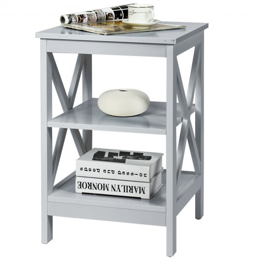 3-Tier Nightstand End Table with X Design Storage -Gray - Color: Gray - Image 5