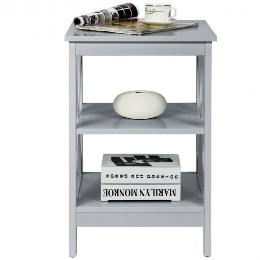 3-Tier Nightstand End Table with X Design Storage -Gray - Color: Gray - Image 6