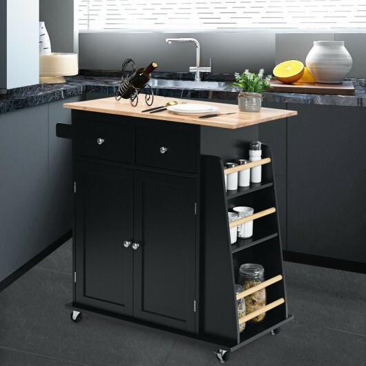 Rubber Wood Countertop Rolling Kitchen Island Cart-Black - Color: Black - Image 2