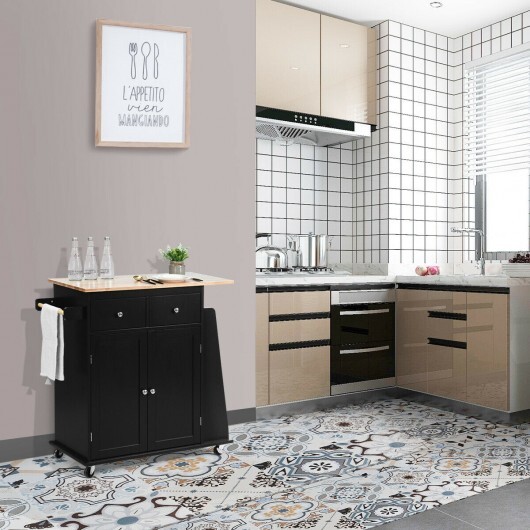 Rubber Wood Countertop Rolling Kitchen Island Cart-Black - Color: Black - Image 4