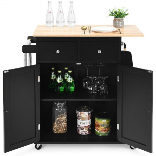 Rubber Wood Countertop Rolling Kitchen Island Cart-Black - Color: Black - Image 6