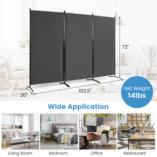 6 Feet 3 Panel Room Divider with Durable Hinges Steel Base-Gray - Color: Gray - Image 4