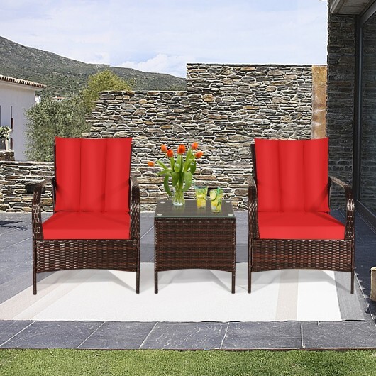 3 Pcs Patio Conversation Rattan Furniture Set with Glass Top Coffee Table and Cushions-Red - Color: Red - Image 2