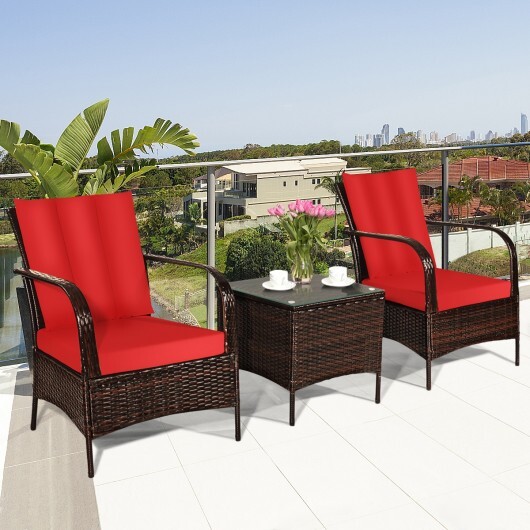 3 Pcs Patio Conversation Rattan Furniture Set with Glass Top Coffee Table and Cushions-Red - Color: Red - Image 4