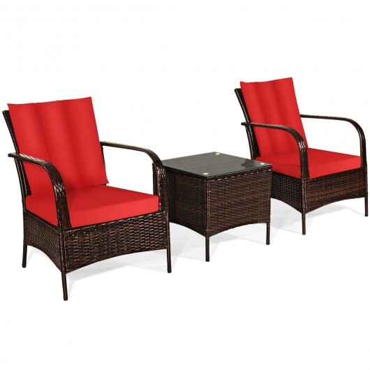 3 Pcs Patio Conversation Rattan Furniture Set with Glass Top Coffee Table and Cushions-Red - Color: Red - Image 6