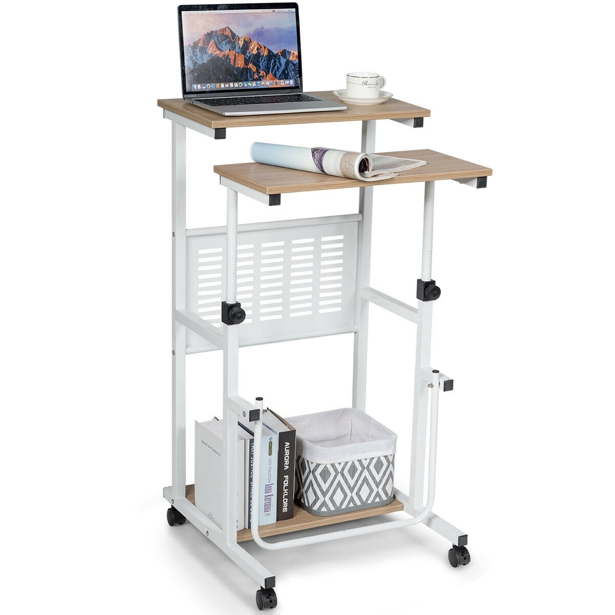 Height Adjustable Mobile Computer Stand-Up Desk with 2 Modes - Color: Oak - Image 2