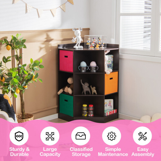 3-Tier Kids Storage Shelf Corner Cabinet with 3 Baskets-Brown - Color: Brown - Image 3