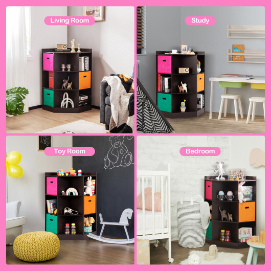 3-Tier Kids Storage Shelf Corner Cabinet with 3 Baskets-Brown - Color: Brown - Image 5