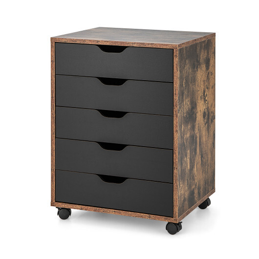 5 Drawer Mobile Lateral Filing Storage Home Office Floor Cabinet with Wheels-Rustic Brown - Color: Rustic Brown