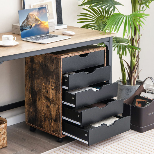 5 Drawer Mobile Lateral Filing Storage Home Office Floor Cabinet with Wheels-Rustic Brown - Color: Rustic Brown - Image 2