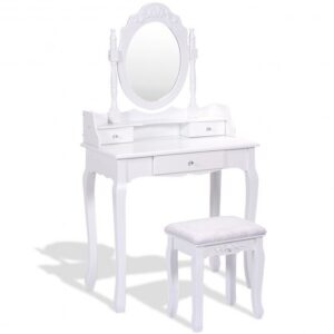 Vanity Table Set with Cushioned Stool with 360?° Rotating Oval Mirror and Three Drawers-White - Color: White