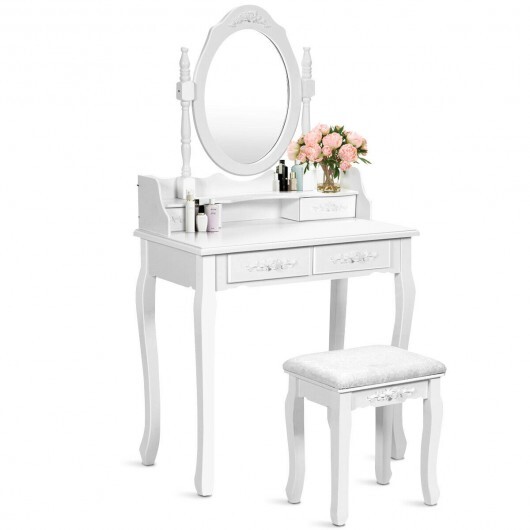 Wood Vanity Table Set with Oval Mirror and 4 Drawers for Kids Girls Women-White - Color: White