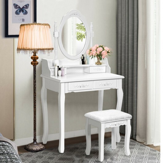 Wood Vanity Table Set with Oval Mirror and 4 Drawers for Kids Girls Women-White - Color: White - Image 2