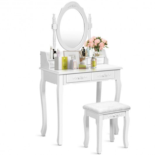 Wood Vanity Table Set with Oval Mirror and 4 Drawers for Kids Girls Women-White - Color: White - Image 4