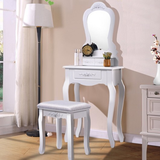 Makeup Dressing Table and Bench 3 Drawers and Cushioned Stool for Girls-White - Color: White - Image 2