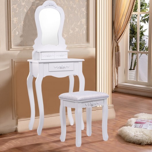 Makeup Dressing Table and Bench 3 Drawers and Cushioned Stool for Girls-White - Color: White - Image 3