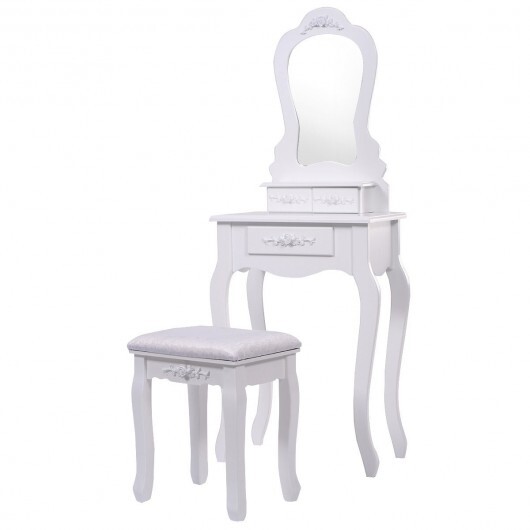 Makeup Dressing Table and Bench 3 Drawers and Cushioned Stool for Girls-White - Color: White - Image 4