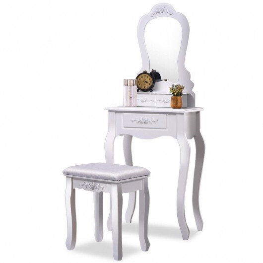 Makeup Dressing Table and Bench 3 Drawers and Cushioned Stool for Girls-White - Color: White - Image 5