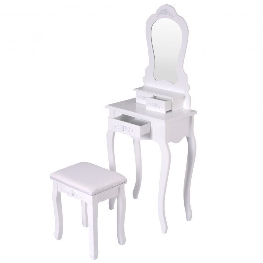 Makeup Dressing Table and Bench 3 Drawers and Cushioned Stool for Girls-White - Color: White - Image 6