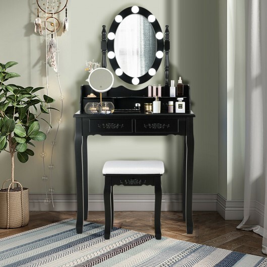 Makeup Dressing Table with Touch Switch Lighted Mirror and Cushioned Stool-Black - Color: Black - Image 4