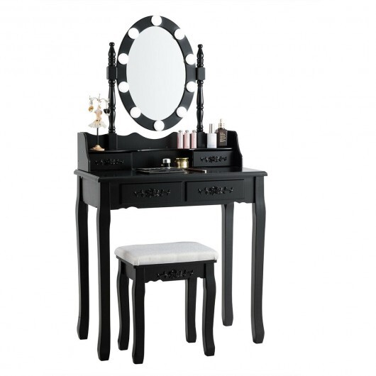 Makeup Dressing Table with Touch Switch Lighted Mirror and Cushioned Stool-Black - Color: Black - Image 5