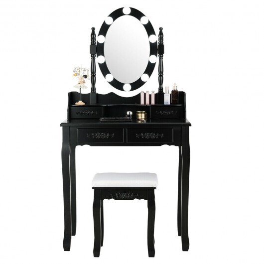 Makeup Dressing Table with Touch Switch Lighted Mirror and Cushioned Stool-Black - Color: Black - Image 6