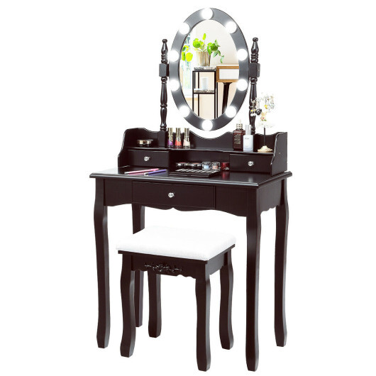 Oval Mirror Vanity Set with 10 LED Dimmable Bulbs and 3 Drawers-Brown - Color: Brown - Image 4