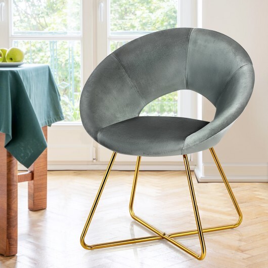 Modern Accent Velvet Dining Arm Chair with Golden Metal Legs and Soft Cushion-Gray - Color: Gray - Image 2