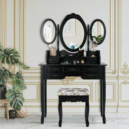7 Drawer Tri-Folding Mirror Dressing Vanity Makeup Set-Black - Color: Black - Image 3