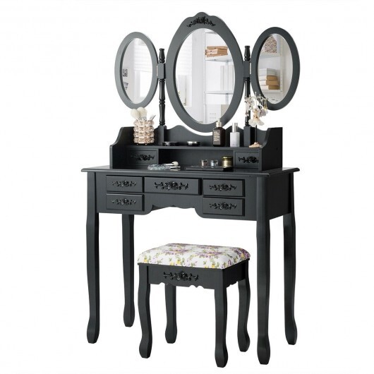 7 Drawer Tri-Folding Mirror Dressing Vanity Makeup Set-Black - Color: Black - Image 5