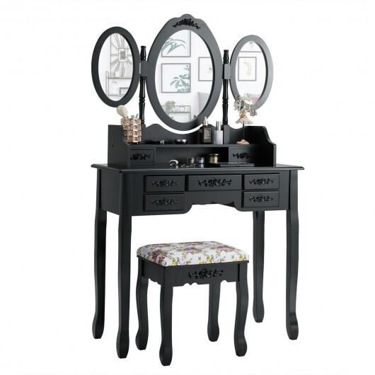 7 Drawer Tri-Folding Mirror Dressing Vanity Makeup Set-Black - Color: Black - Image 6
