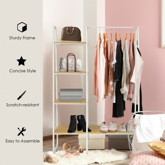 Clothes Rack Free Standing Storage Tower with Hanging Bar-Natural - Color: Natural - Image 3