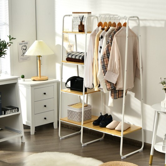 Clothes Rack Free Standing Storage Tower with Hanging Bar-Natural - Color: Natural - Image 5