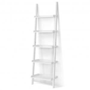 5-Tier Wall-leaning Ladder Shelf Display Rack for Plants and Books-White - Color: White