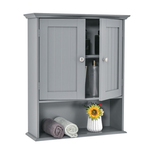 Wall Mount Bathroom Cabinet Storage Organizer with Doors and Shelves-Gray - Color: Gray