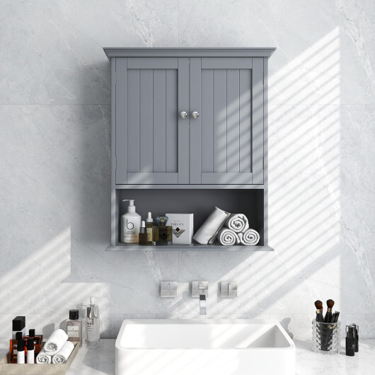 Wall Mount Bathroom Cabinet Storage Organizer with Doors and Shelves-Gray - Color: Gray - Image 2