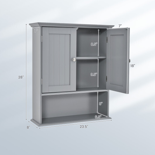 Wall Mount Bathroom Cabinet Storage Organizer with Doors and Shelves-Gray - Color: Gray - Image 5