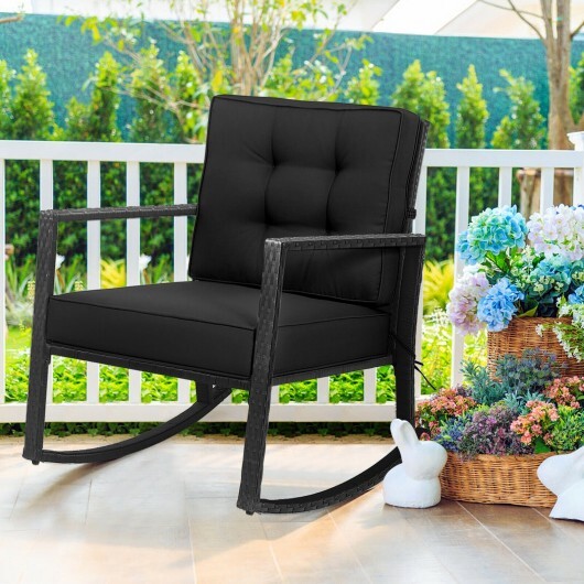 Patio Rattan Rocker Outdoor Glider Rocking Chair Cushion Lawn-Black - Color: Black - Image 2