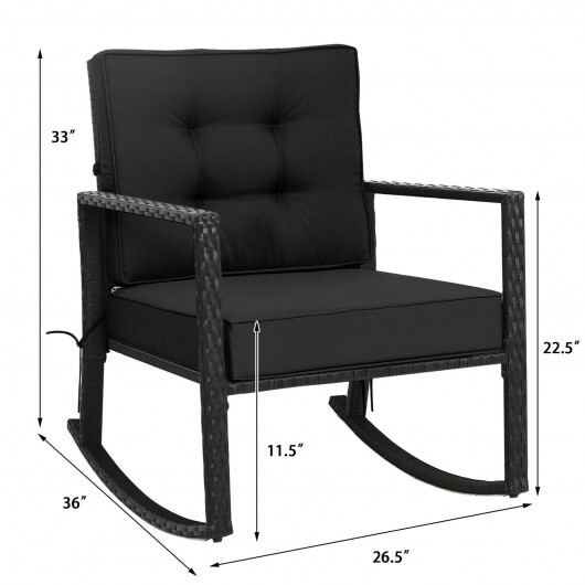 Patio Rattan Rocker Outdoor Glider Rocking Chair Cushion Lawn-Black - Color: Black - Image 4
