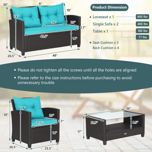 4 Pieces Patio Rattan Furniture Set with Tempered Glass Coffee Table-Turquoise - Color: Turquoise - Image 4