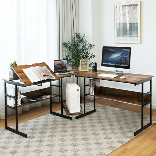 L-Shaped Computer Desk with Tiltable Tabletop-Rustic Brown - Color: Rustic Brown - Image 3