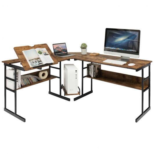 L-Shaped Computer Desk with Tiltable Tabletop-Rustic Brown - Color: Rustic Brown - Image 5