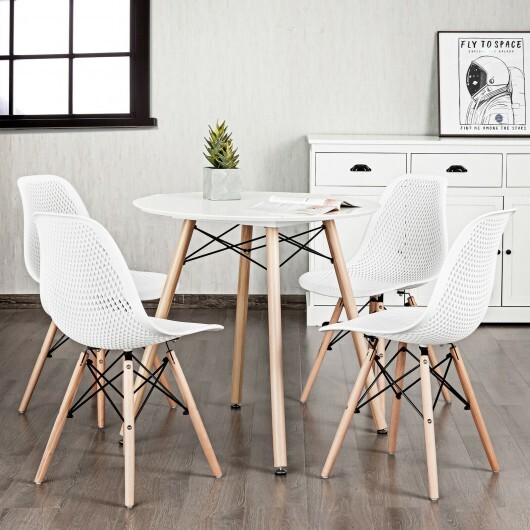 4 Pcs Modern Plastic Hollow Chair Set with Wood Leg-White - Color: White - Image 2