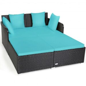 Spacious Outdoor Rattan Daybed with Upholstered Cushions and Pillows-Turquoise - Color: Turquoise