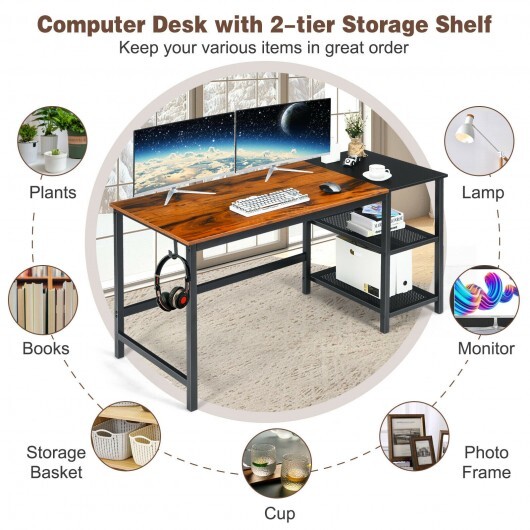 59 Inch Home Office Computer Desk with Removable Storage Shelves-Rustic Brown - Color: Rustic Brown - Image 3