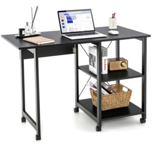 Folding Writing Office Desk with Storage Shelves-Black - Color: Black