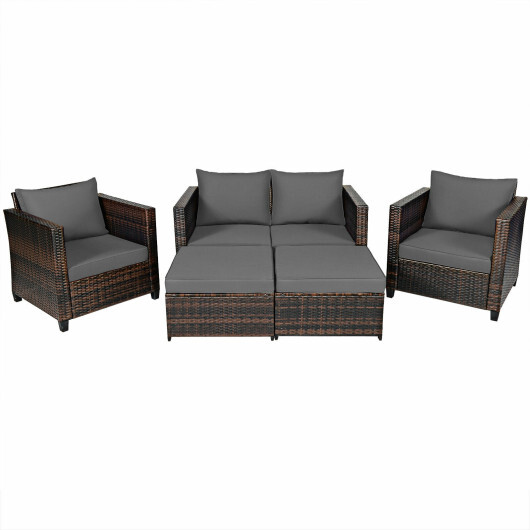 5 Pieces Patio Cushioned Rattan Furniture Set-Gray - Color: Gray